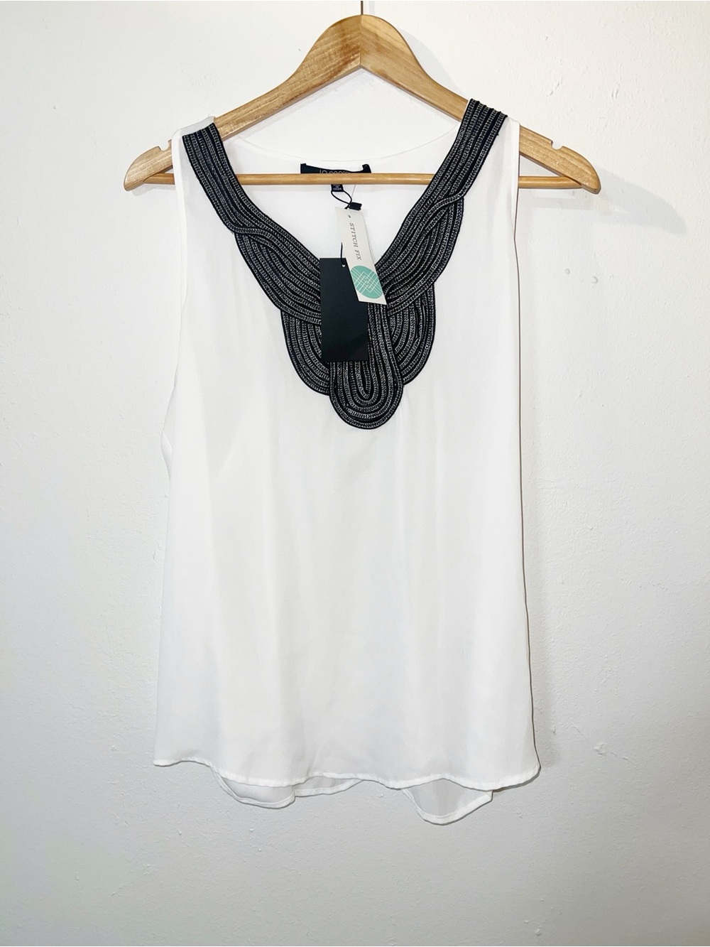 19 Cooper Women's White Sleeveless Top with Black Embroidered Neckline
